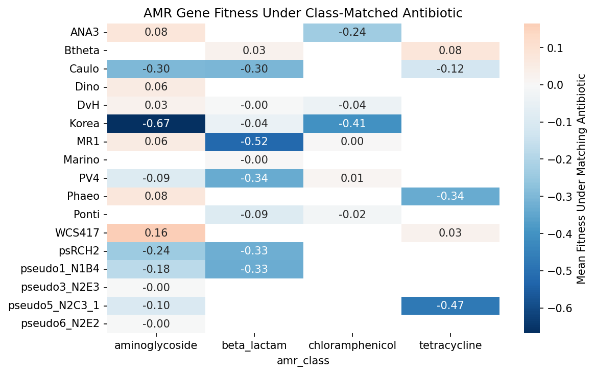 Heatmap of AMR gene fitness under class-matched antibiotics